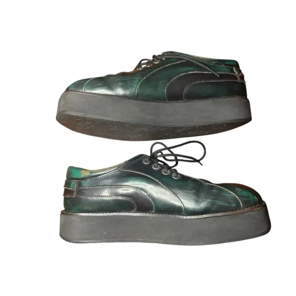 Vintage John Fluevog Creepers Platform Shoes Tie Oxfords Green Brown Size 43